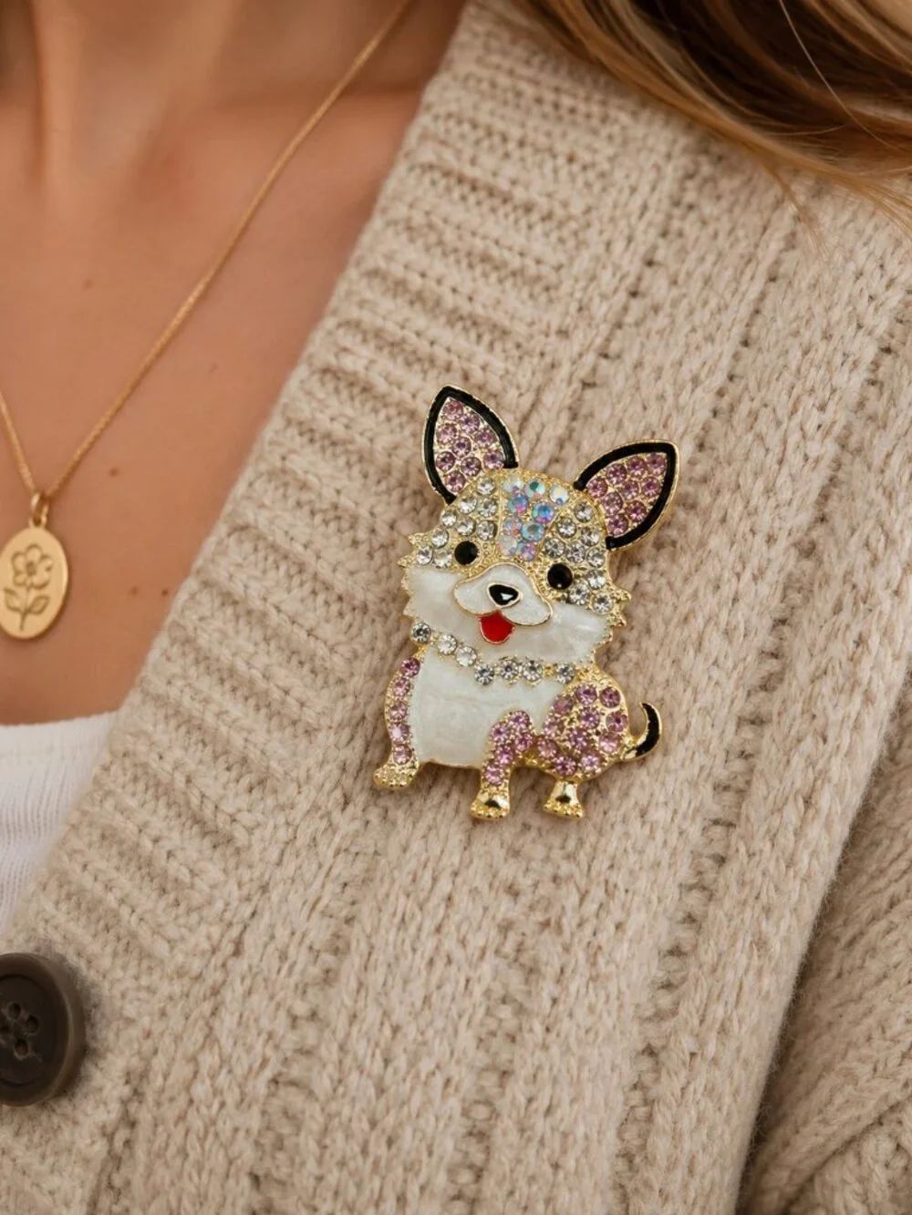 Sparkly Corgi Rhinestone Brooch Gold Enamel Dog Mom Pin Cute Puppy Lover Gift